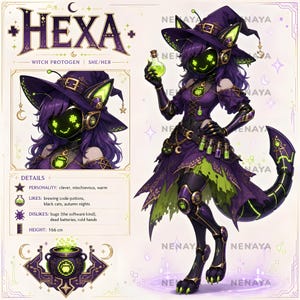 May include: A digital character sheet for Hexa, a witch protogen, featuring a purple and lime green color scheme. The character wears a witch hat, holds a glowing green potion, and has a robotic visor with a pixelated face. Includes a cauldron icon.