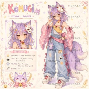 May include: A character reference sheet for Komugi, a kitsune with purple hair, fox ears, and a large tail. The character wears light blue denim overalls, a yellow top, and pink sleeves with cherry blossom patterns. Includes text details and a mask.