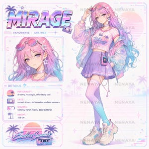 Puede incluir: Una hoja de referencia de personaje titulada MIRAGE que muestra una figura estilo anime con cabello largo rosa y azul, vistiendo una camiseta corta con el texto Palm Dreams, falda plisada morada, chaqueta translúcida y zapatillas de plataforma, incluyendo una altura de 169 cm.