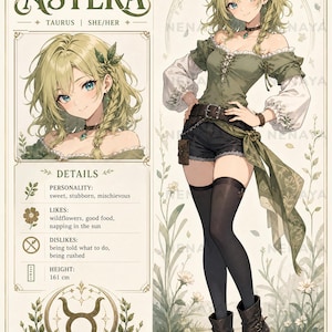 May include: A character reference sheet for Astera, featuring a blonde individual with blue eyes, wearing a green off-shoulder top, black shorts, and dark boots. The sheet includes text details on personality, likes, dislikes, and a height of 161 cm.