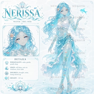 May include: A character reference sheet for Nerissa, featuring a blue-haired figure with water-like skin, wearing a white top and flowing skirt. The sheet includes a portrait, full-body illustration, text details, and a height of 167 cm.