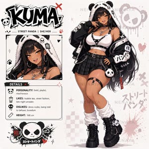 May include: A character reference sheet titled KUMA featuring an illustration of a person with long dark hair wearing a panda-themed hoodie, a white crop top with black straps, a plaid skirt, and black platform boots with a small panda accessory.