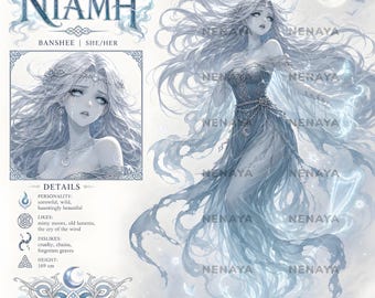 Banshee Vtuber Concept Reference, Celtic Ghost Spirit Anime Adoptable, Ethereal Fae Roleplay Character, Premade OC Reference Sheet