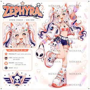 May include: A character reference sheet for Zephyra, a space raver with white hair, cat ears, and orange highlights. The character wears a white jacket, crop top, and dark shorts with platform shoes. Includes a portrait, details, and alien motifs.