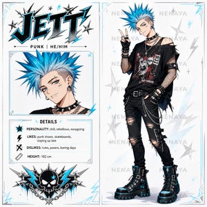 May include: A character reference sheet for Jett, featuring a person with blue spiky hair, piercings, and a black outfit. The attire includes a graphic t-shirt, fishnet sleeves, distressed black jeans with straps, and chunky platform boots with blue accents.