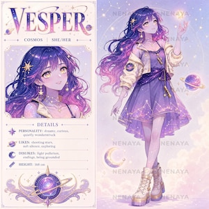 May include: A character reference sheet for Vesper, featuring a portrait and full-body illustration of a person with long, galaxy-patterned hair. The character wears a purple dress, a light jacket, and platform boots, surrounded by celestial motifs.