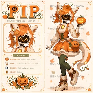May include: A character reference sheet for a Pumpkin Protogen named PIP, featuring orange hair, a digital face with a glowing smile, and a pumpkin-themed outfit. The character wears a dress, thigh-high socks, and boots, holding a small jack-o'-lantern.