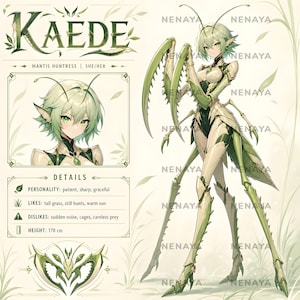 May include: A character reference sheet for Kaede, a mantis huntress. The image features a full-body illustration of a green and cream insectoid humanoid with large serrated arm blades, alongside a portrait, text details, and a decorative emblem.