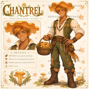 May include: A character reference sheet for Chantrel, a person with golden-brown skin wearing a wide-brimmed orange mushroom hat, a white shirt, a green vest, and brown boots. The character holds a woven basket filled with yellow chanterelle mushrooms.