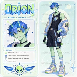May include: A character reference sheet for Orion, an alien with green skin, pointed ears, and blue hair. The illustration features a portrait and a full-body view of the character wearing a black tank top, shorts, and a light blue jacket.