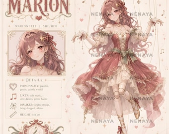 Può includere: Una scheda di riferimento per un personaggio marionetta di nome Marion, con un'illustrazione a figura intera di una bambola in un abito rosa polvere con finiture in pizzo, un ritratto in primo piano e dettagli testuali su personalità e altezza di 166 cm.