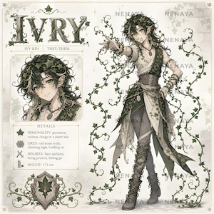 Ivry Ivy-Kin Vtuber Concept, Nonbinary Vine Elf Druid OC Reference Sheet