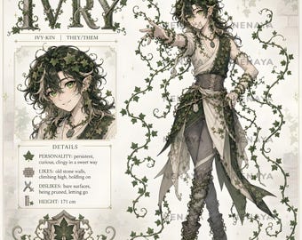 Può includere: Una scheda di riferimento del personaggio per Ivry, un essere edera con occhi verdi e capelli scuri adornati da viticci. Il personaggio indossa un abito a strati bianco e verde con dettagli di edera. Il testo include nome, personalità e altezza 171 cm.