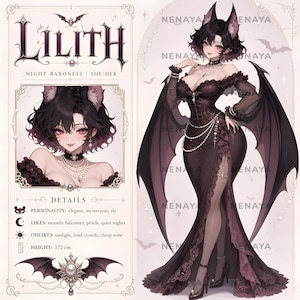 May include: A character reference sheet for Lilith, the Night Baroness, featuring a full-body illustration of a winged figure in a dark gown with lace details, pearls, and bat-like ears. Includes a portrait, personality details, and height of 172 cm.