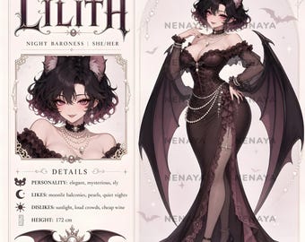 Night Baroness Vtuber Concept Reference, Bat Monster Girl Anime Adoptable, Aristocrat Roleplay Character, Premade OC Reference Sheet