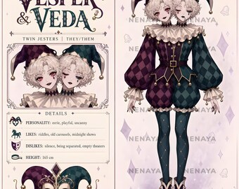 Twin Jesters Vtuber Concept Reference, Uncanny Harlequin Circus Anime Adopt, Conjoined Roleplay Character, Premade OC Reference Sheet