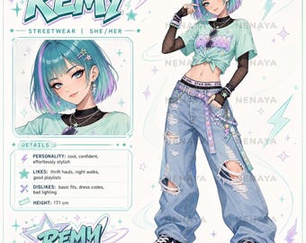 Può includere: Una scheda personaggio con un personaggio in stile anime di nome Remy con capelli color verde acqua, che indossa una t-shirt corta verde chiaro, maniche a rete nere e jeans larghi azzurri strappati con una cintura a stelle e scarpe platform.