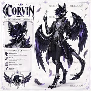 May include: A character reference sheet for Corvin, a raven-themed Protogen with black and purple wings, a dark mask with a key symbol, and a long coat. The sheet includes a portrait, full-body illustration, and text details listing personality traits, likes, dislikes, and a height of 183 cm.