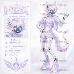 May include: A digital character reference sheet for a Holo Protogen named Prism, featuring a white and iridescent outfit, a visor with a star-and-smile face, headphones, and a long segmented tail. The text includes details and a height of 171 cm.