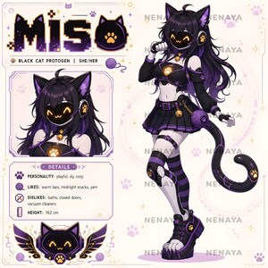 May include: A character reference sheet for Miso, a black cat Protogen. The illustration features a full-body view and a headshot of a character with dark hair, purple highlights, a digital visor face, cat ears, a tail, and a black and purple outfit.