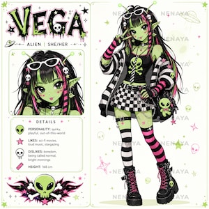 May include: A character reference sheet for Vega, an alien with green skin, black hair with pink and green highlights, and pointed ears. The character wears a black tank top with a skull graphic, a checkered skirt, striped socks, and black boots.