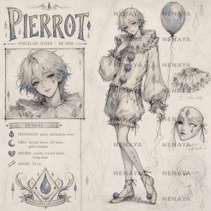 May include: A character reference sheet for a Pierrot porcelain jester featuring a full-body illustration, a portrait, a collar study, and a half-mask. The character wears a ruffled outfit with diamond patterns, pom-poms, and holds a balloon.
