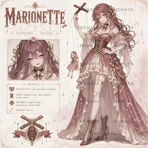 May include: A character reference sheet titled MARIONETTE featuring a character with long reddish-brown hair in a ruffled dress, corset, and lace-up boots. The sheet includes a portrait, a full-body view with a puppet, and text listing 169 cm height.