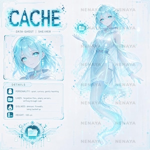 Data Ghost Girl Vtuber Concept Reference, Digital Spirit Anime Adopt, Ethereal Roleplay Character, Premade OC Download