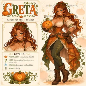 May include: A character reference sheet for Greta, a patch tender, featuring a full-body illustration and a portrait. The character has long wavy auburn hair, wears an orange corset, white off-the-shoulder top, and green leggings. Text includes Greta, Patch Tender, She/Her, and details with a height of 173 cm.