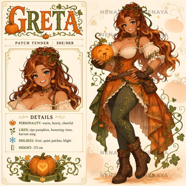 Anime harvest OC reference sheet of Greta, a warm cheerful curvy patch tender with tan skin, long wavy auburn hair, green eyes, a vine crown and pumpkin earrings, wearing a laced orange corset over a ruffled cream blouse, a pumpkin-embroidered skirt, green leggings, leather belt with a satchel and tall laced boots, holding a smiling pumpkin, full-body pose with matching headshot.