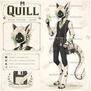 May include: A character reference sheet for Quill, an archive protogen with light hair, a black visor face, and a mechanical tail. The illustration includes a portrait, full-body view, and text details including personality, likes, dislikes, and a height of 172 cm.