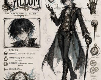 Clockwork Necromancer Vtuber Concept Reference, Dark Fantasy Anime Adopt, Ink Sketch Roleplay Character, Premade OC Reference Sheet
