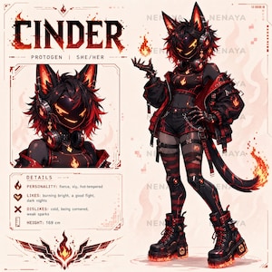 May include: A character reference sheet for Cinder, a Protogen with black and red fur, wearing a black crop top, shorts, and a jacket. The character has a digital mask, headphones, and a tail with a flame tip. Text includes Cinder, Protogen, and details.