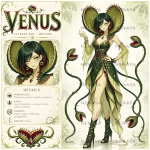 May include: A character design sheet titled VENUS FLYTRAP-KIN featuring a person with dark hair and yellow eyes wearing a green dress with leaf-like patterns. The character is surrounded by four long-stemmed Venus flytrap plants. Height is 170 cm.