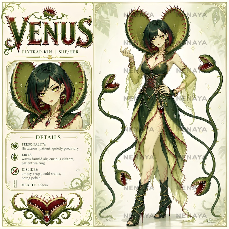 Anime character reference sheet of Venus, a flirtatious flytrap-kin OC with a black bob streaked crimson, yellow-green eyes and a large Venus flytrap leaf collar framing her head. She wears a dark green corset gown with red lacing and toothed trim, sheer chartreuse sleeves, gold bangles, a ruby vial pendant and vine-wrapped heeled boots, surrounded by curling vines ending in snapping flytraps. Includes a headshot and personality details on a pale green background.