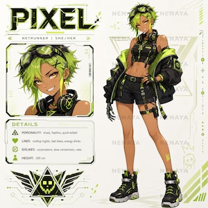 Netrunner Anime OC Reference Sheet, Premade Adopt for Vtuber & Roleplay, Cyberpunk Hacker Character Art Download