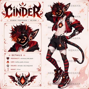May include: A character reference sheet for a demon protogen named Cinder, featuring a digital illustration of a character with red hair, horns, a glowing visor face, and a red and black outfit, including text details and a height of 173 cm.