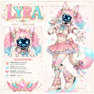 May include: A character reference sheet for Lyra, an idol with pink and blue hair, cat ears, and a digital screen face displaying a smiling expression. The character wears a pink pleated skirt, white top, and platform boots, holding a microphone.
