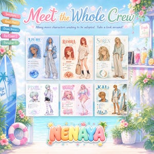 Meet the Whole Crew display showing six anime character reference sheets including Azure, Ramira, Soren, Pixel, Suki and Kai on a pastel summer beach background. Nenaya shop. Many more characters available to adopt.