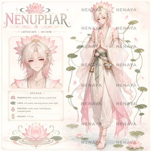 May include: A character reference sheet for Nenuphar, a lotus-kin figure with light hair and pink-tipped locks. The character wears flowing white and pale pink robes, a lotus headpiece, and jewelry. Includes text details, a portrait, and a full-body view.