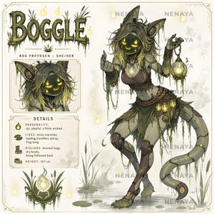 Könnte beinhalten: Ein digitales Charakter-Referenzblatt mit dem Titel Boggle, das eine Sumpf-Kreatur mit einer leuchtend gelben Gesichtsmaske, moosgrünen Robotergliedmaßen und einem langen Schwanz zeigt. Die Figur trägt zerlumpte Kleidung und hält eine leuchtende Laterne.