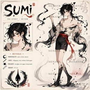 May include: A character reference sheet titled SUMI featuring an anime-style figure with black hair, wearing a white robe with black ink splatters and a red sash over black shorts. The sheet includes a portrait, details, and an ink brush icon.