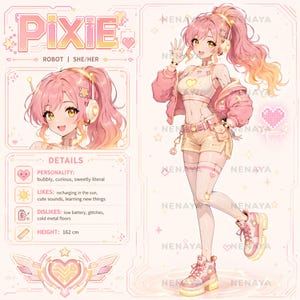 May include: A character reference sheet for a robot named Pixie, featuring a pink-haired anime-style character in a cropped top, jacket, and shorts. The layout includes a portrait, full-body illustration, and text details listing personality, likes, dislikes, and a height of 162 cm.