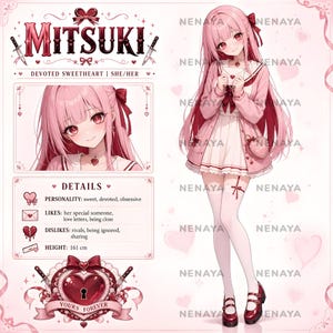 May include: A character reference sheet for Mitsuki, featuring a pink-haired anime character in a white dress and pink cardigan, holding a letter. Includes a portrait, personality details, and a heart-shaped lock graphic with the text Yours Forever.