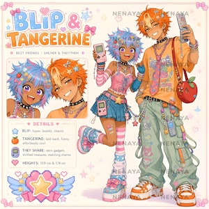 May include: An anime-style character sheet titled BLIP & TANGERINE featuring two characters with colorful outfits, retro handheld gaming consoles, and accessories. The text includes character details, personality traits, and heights of 159 cm and 174 cm.