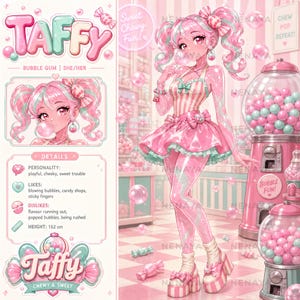 May include: A character reference sheet for Taffy, featuring a pink and mint green color palette. The character has pigtails, wears a striped top and skirt, and stands next to gumball machines. Text includes Taffy, Bubble Gum, Sweet Chewy Fun, and Chew Pop Repeat.