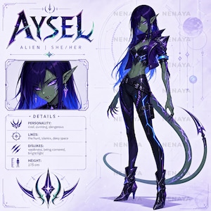 Alien Vtuber 2D Concept Reference, Premade Dark Sci Fi Space Character Adopt