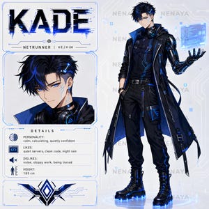 Netrunner Boy Vtuber Concept Reference, Cyberpunk Hacker Anime Adopt, Sci Fi Roleplay Character, Premade OC Download