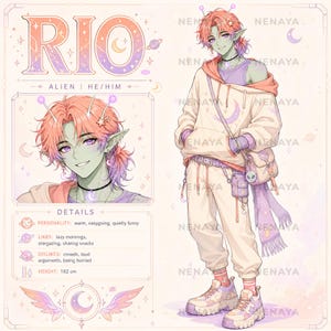May include: A character reference sheet for an alien named Rio, featuring a green-skinned figure with peach-colored hair, pointed ears, and antennae. The character wears a cream hoodie, purple tank top, and cream joggers with platform sneakers.