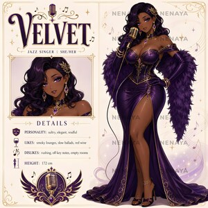 Konceptreferens för Jazz Lounge Singer Vtuber, adopterbar vintage glamour-anime, rollspelskaraktär med elegant diva, referensblad för färdig OC